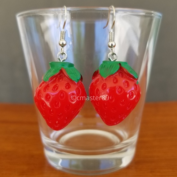 2 for $8 3D Strawberry Statement Hook Earrings - Picture 1 of 5